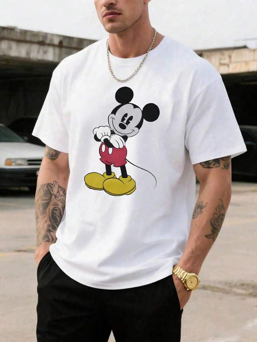 Men's Disney Casual T-Shirt, Classic Mickey Mouse Print, Timeless Design, Comfortable Soft Fabric, Ideal For Daily Wear & Disney Fans - trắng - Xem 1