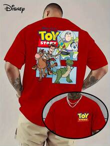 Disney Series & Toy Story Patterned Cotton T-Shirt-Woody And Buzz Lightyear Fun Linkage Pattern Printing, Casual Round Neck T-Shirt, Double-Sided Printed Design, Very Suitable For Disney Fans And Casual Clothes, Everyday T-Shirts With Interesting Patterns And Comfortable Styles. - 紅色 - 查看 1