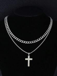 2 Stück/1 Stück neuer Herren Edelstahl dekorativer Halskette mit Kreuzanhänger, modisches und vielseitiges Accessoire, geeignet für Männer und Frauen, exquisites Geschenk - Verschiedenfarbig - Übersicht 1