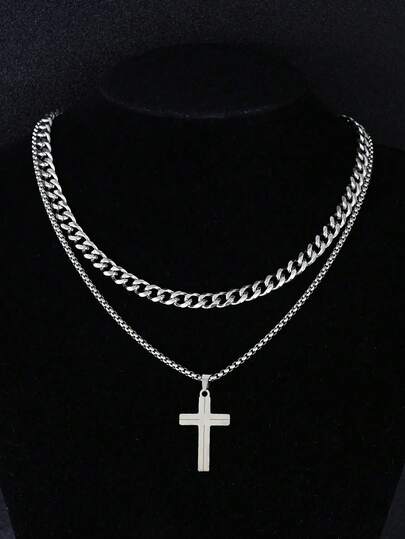 2pcs/1pc New Men's Stainless Steel Decorative Necklace With Cross Pendant, Fashionable And Versatile Accessories, Suitable For Both Men And Women, Exquisite Gift