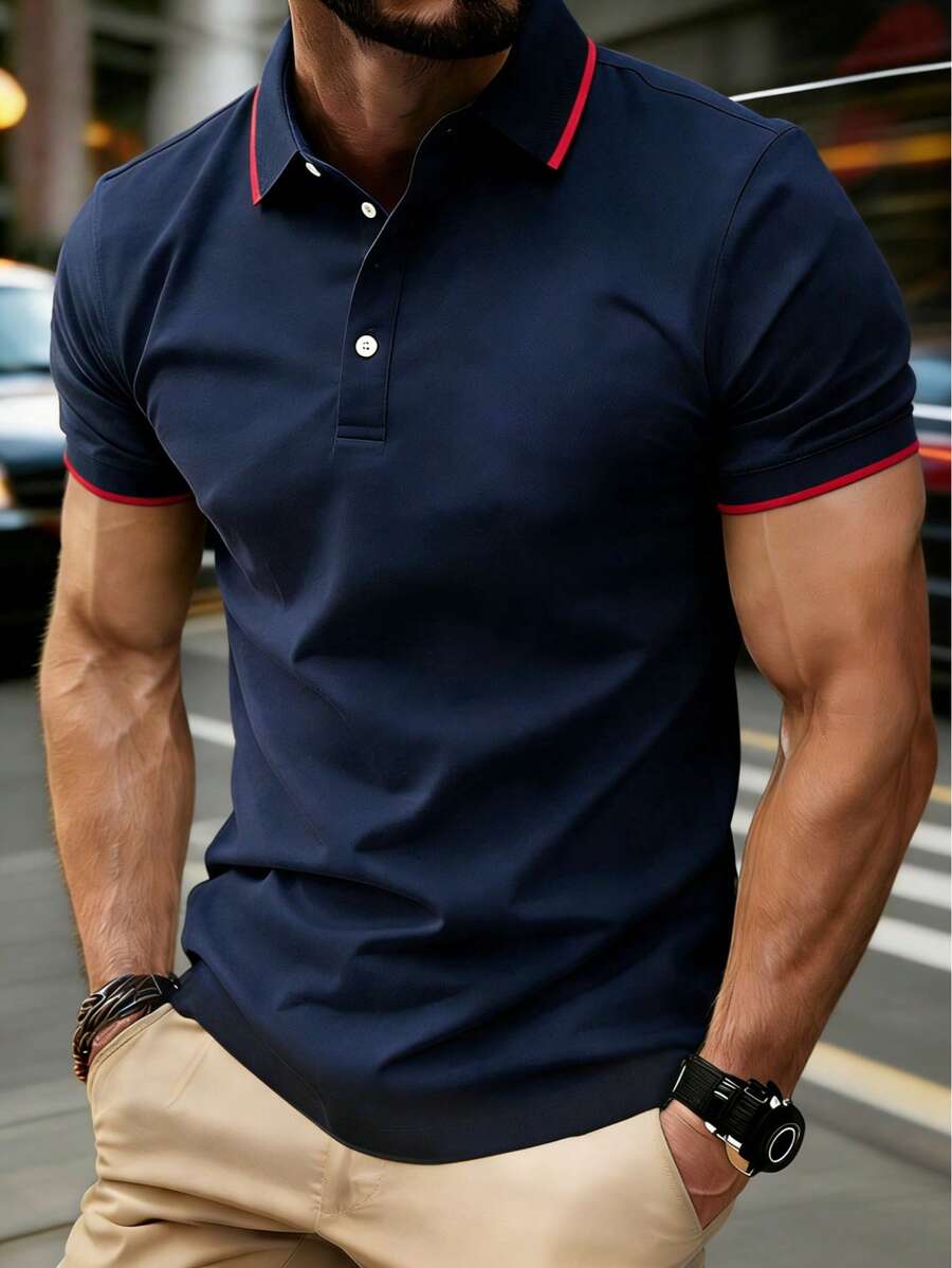 男士夏季速干Polo衫,商务休闲修身短袖T恤,弹力纯色上衣,适合日常穿着、办公室、聚会、派对等场合。 - 寶藍色 - 查看 1