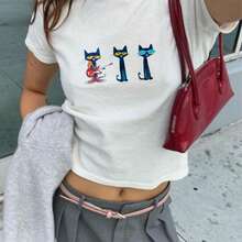 Y2K Pete Cat Baby Tee - Y2K Baby Tee, 90s Baby Tee, Graphic Shirt Crop, Coquette, Vintage Design - 白色 - 查看 1