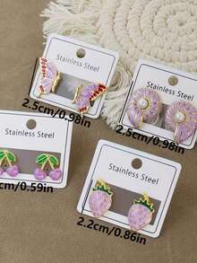 28件套304不锈钢耳环套装 - 蝴蝶、草莓、贝壳、花朵、心形、星星、叶子、珠子、蝴蝶结、小鸟、花卉、几何图案、粉彩色系（粉色、紫色、绿色，适合青少年，可爱耳环）（随机发货） - 彩色 - 查看 3