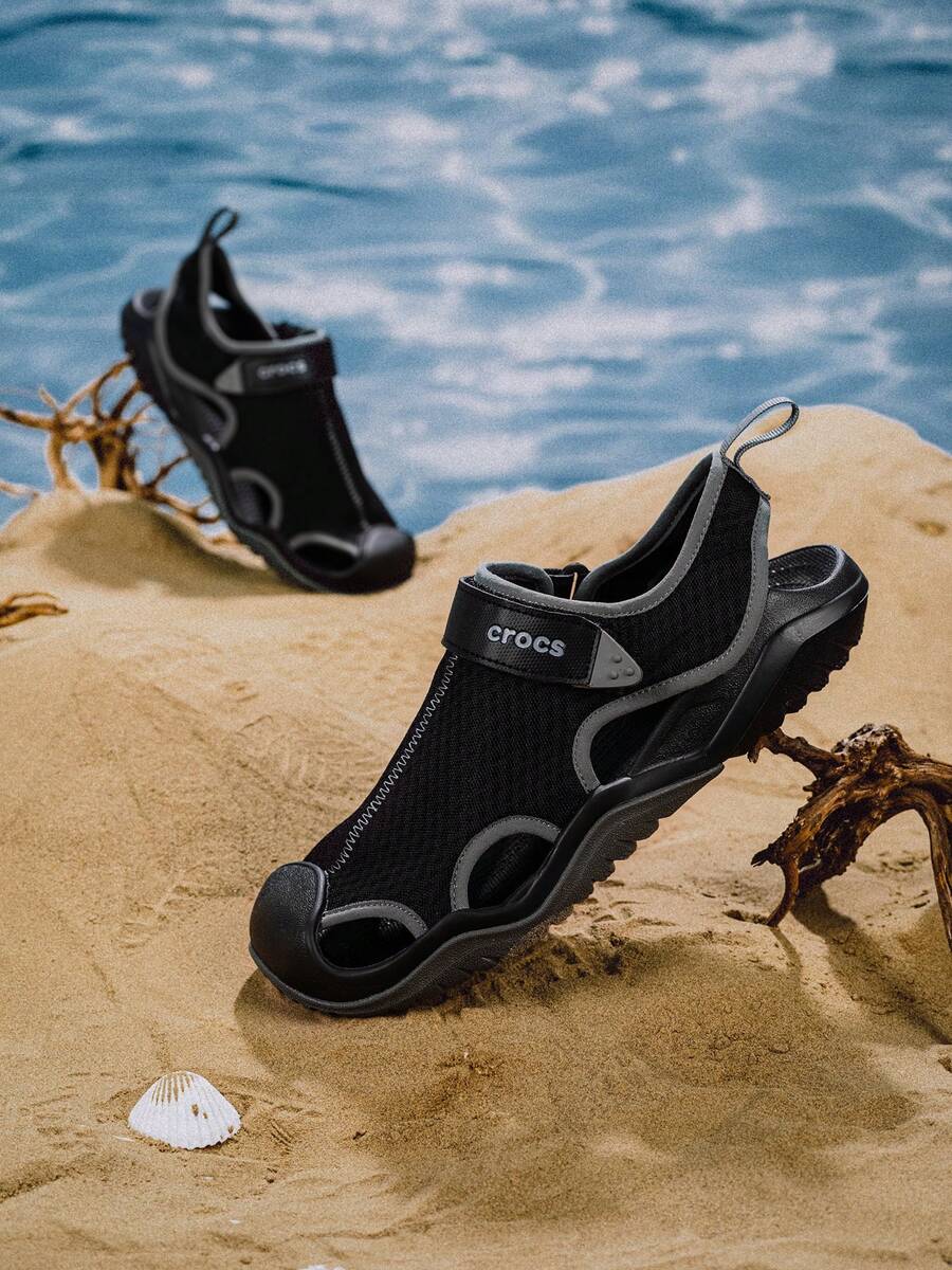 Crocs Men's Slippers, Mesh Beach Sandals, Hook And Loop Toe Cover Water Shoes, Outdoor Casual Shoes, 205289-001 - Black - View 1