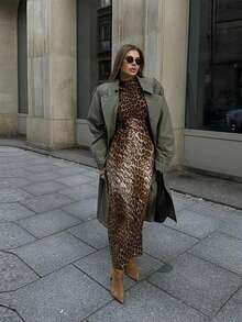 ELVA棕色豹纹女士休闲外出套装，音乐会服装，舞会服装，复古风格，长款派对连衣裙，毕业典礼宾客礼服，冬季连衣裙 - 棕色 - 查看 6