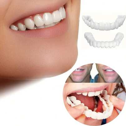 2pcs New Comfortable And Comfortable White Denture Veneer - Durable, Adjustable, Easy To Clean, Anti Staining, Instant Perfect Smile For Daily/Party Occasional Braces Valentine's Day Preferred Gift
