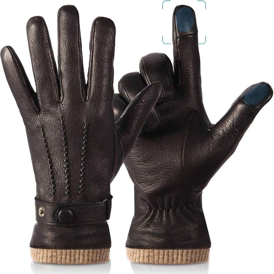 ¡RecomendadoGuantes de invierno para hombre: visualización táctil, resistente al viento, guantes térmicos de piel de oveja con forro de lana cálida para conducción de motocicleta¡Top de Temporada - Negro - - Ver 1