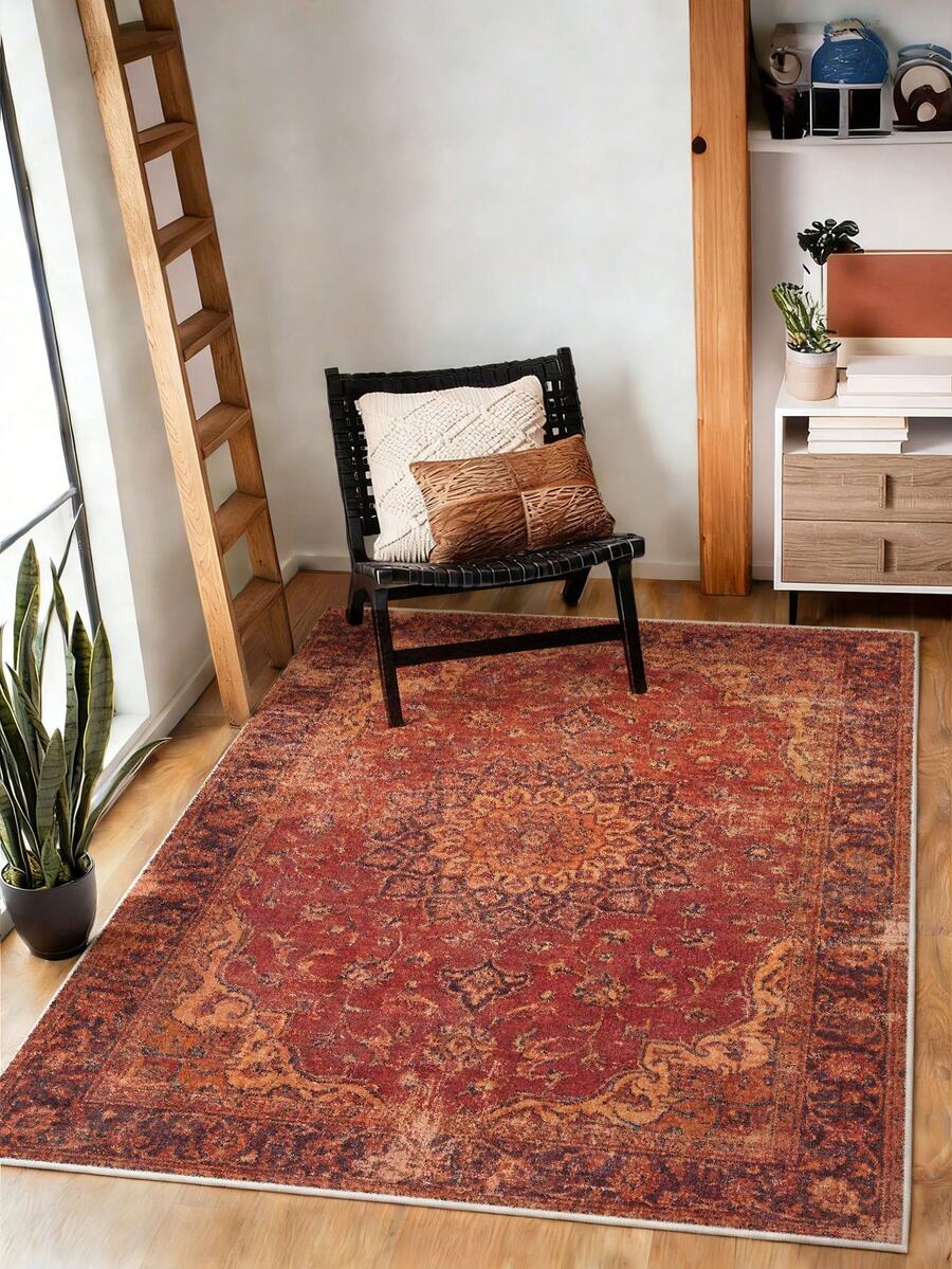 1pc Boho Style Large Area Rug, Mandala Flower Pattern, Soft & Comfortable Texture, Easy Maintenance, Non-Slip Backing, Suitable For Living Room, Bedroom, Kitchen, Dining Room, Office, Home Decor, Bedroom Decor, Room Decor And Doormat. - Redwood - View 1