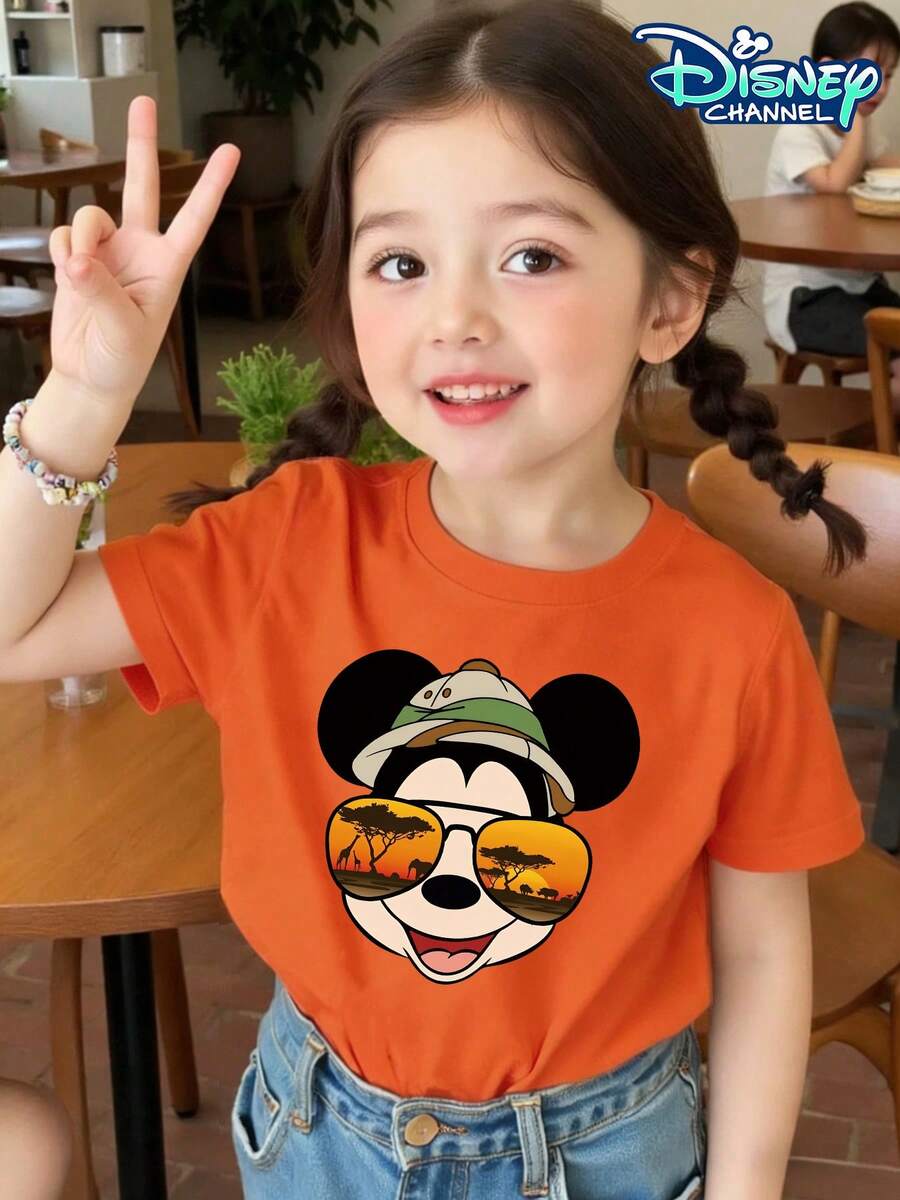 Disney Mickey Mouse Wearing Hat And Sunglasses Printed Pattern T-Shirts For Girls - Children's Clothing Design Short-Sleeved Casual And Cute Style Comfortable And Casual Wear All Year Round Suitable For Parties And Play Machine Washable Gift Children's Clothing Girls' Short-Sleeved Shirts - trái cam - Xem 1