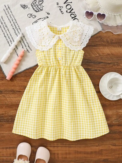 Flickklänning i enfärgad stil med rutmönster och Peter Pan-krage, enkel sommarklänning för unga flickor