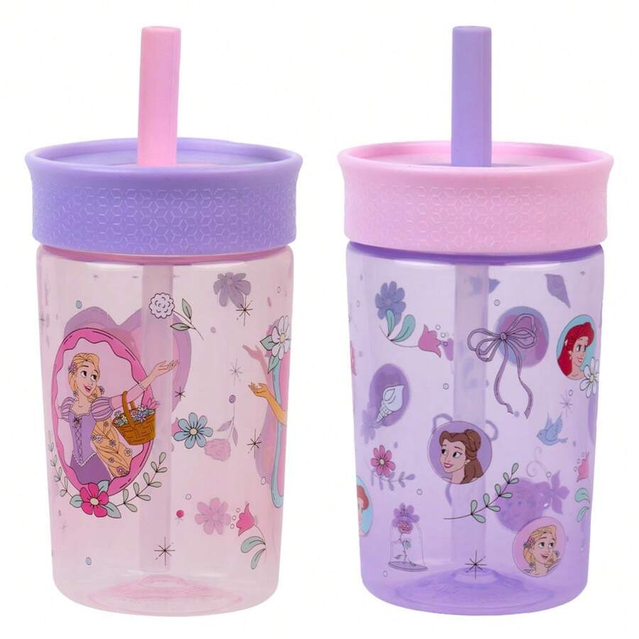 VIORA Set de 2 Termos Infantiles Twin Tumbler, Vasos para Niños de 450 ml (2Pzs), Popote Flexible Antiderrames, Fácil de Limpiar, Ideal para Viajes, Botella de Agua, Apto para Lavaplatos Con sus Personajes Favoritos ( Disney Princesas) - Rosa - Ver 1