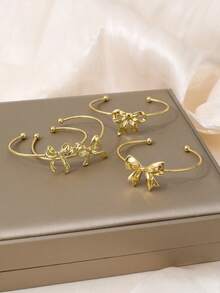 4件套金色蝴蝶结开口手镯套装，法式时尚百搭手链配饰，女士 - 金色 - 查看 4