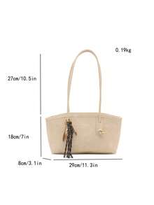 1PC Soft Long Tote Bag With Dual Same-Material Long Shoulder Straps, Knot Metal Closure Decor, Badminton-Shaped Woven Strap Charm, Embossed Letter Logo, Gentle Girl Style Commuter Knot Handbag Design, Convertible Shoulder And Underarm Two-Way Bag, Versatile College Style Commuter School Bag For Women Soft Long Tote Bag Long Dual Handle Shoulder Bag - White - View 3