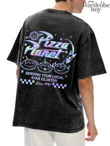 Disney Printed Wash Water T-Shirt,Men's "Toy Story" Pizza Planet T-Shirt, Colorful Disney Alien T-Shirt, Pizza Planet T-Shirt, "Toy Story", Fun Disney Pizza T-Shirt,Unisex,High-Quality Pure Cotton T-Shirt,Suitable For All Seasons, Comfortable And Breathable| Exquisite Design | The Best Choice For Giving Gifts - Black - View 3