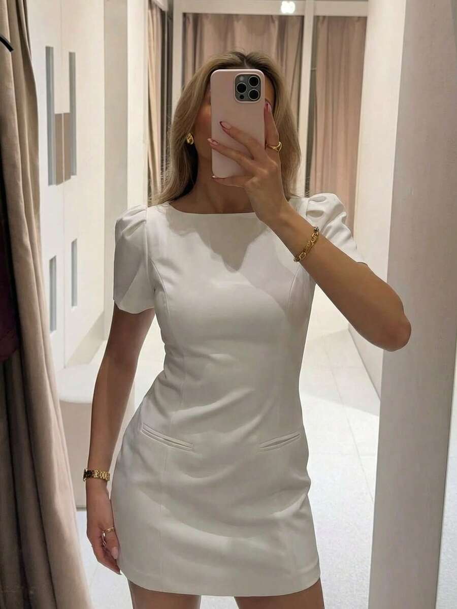 短款泡泡袖晚礼服，女士高腰圆领A字黑色优雅正式礼服 白色夏季 - 白色 - 查看 1