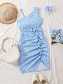 女童蝴蝶结条纹荷叶边吊带连衣裙，时尚甜美，适合外出和夏季穿着 - 藍色 - 查看 2