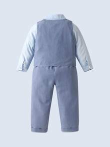BOARNSEORL 3pcs Young Boys Gentleman Outfit Set: Long Sleeve Shirt With Bow Tie, Blue Vest, And Blue Pants, Fashionable And Stylish For Birthday Party, Wedding, Anniversary Celebration - Blue - View 4