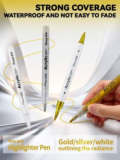1支阀门式亚克力马克笔，金色/银色/白色，0.7/1/2毫米，双头设计，软硬笔尖，专业美术用品，防水永久性马克笔，适用于木材、画布、石头、岩石绘画、玻璃、陶瓷、DIY工艺品、学生绘画和涂鸦，返校礼物