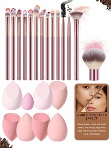 22pcs Full Set Of Makeup Brushes Includes 14 Soft Makeup Brushes, Such As A Loose Powder Brush, Nose Shadow Brush, Eyeshadow Brush, Eyebrow Brush, Lip Brush, And Detail Brush + 7 Liquid Makeup Beauty Eggs + 1 Mini Beauty Sponge. Suitable For Beginners, Professional Makeup, And Novice Beauty Enthusiasts. - Pink - View 10