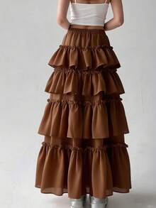 Elegant Women's White Layered Solid Color Skirt, Suitable For Spring And Summer - Mocha Brown - View 3