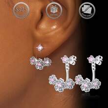 1 Pair Elegant Luxury 925 Sterling Silver 3D Sakura Flower Inlaid Synthetic Zirconia Stud Earrings, Suitable For Daily, Party, Holiday, Date, Gift - Silver - View 6