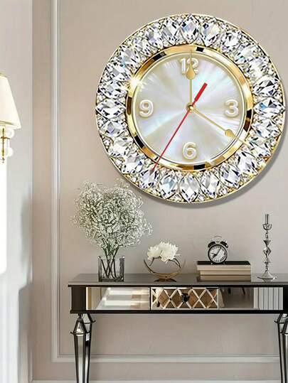 1pc 2D Flat Luxury Rhinestone Theme Wall Clock | Silent Decorative Clock, Creative Design, Suitable For Bedroom, Living Room, Office, 10/12 Inch (Batteries Not Included)