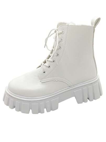 Botas casuales de mujer con cordones y tacón grueso Nuevas Botas Cortas de Cuero para Mujer Planas Colores Sólidos Blanco y Negro con Cordones y Cremallera Lateral Moda Casual Versátiles