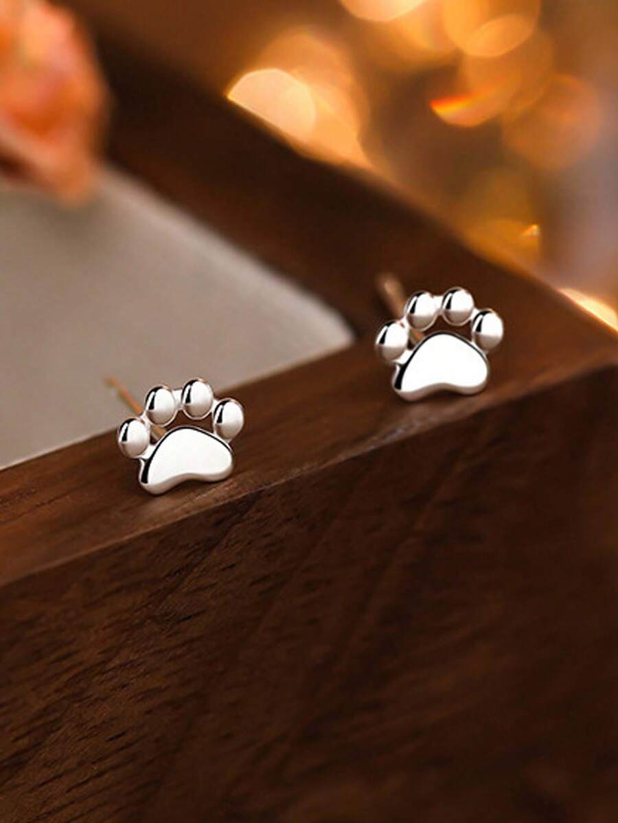 Pendientes de botón con diseño de huella de gato de plata de ley 925, minimalistas y de moda, joyas de plata ligeras y frescas - pendientes - Ver 1