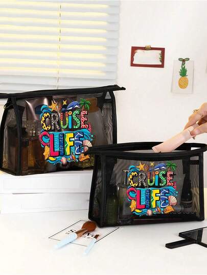 2件套大容量网眼袋套装，印有彩色字体“Cruise Life”字样，并饰以豹纹图案，搭配可爱的海滩场景、海豚和海浪上的贝壳图案，网眼沙滩包手提袋，网眼化妆品收纳袋