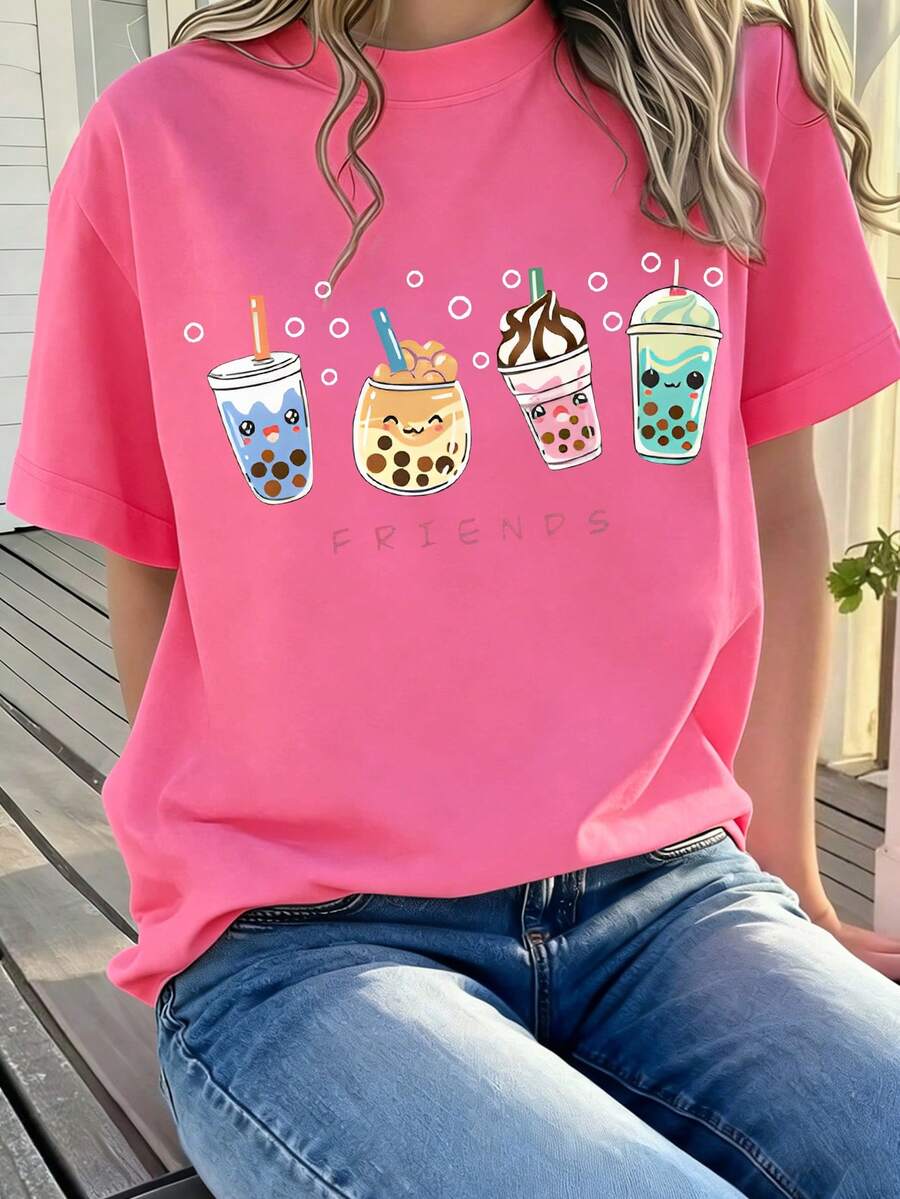 1件女童甜美可爱珍珠奶茶印花短袖T恤，舒适透气，夏季日常休闲装 - 玫紅色 - 查看 1