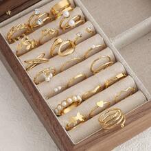 Set de 10 anillos de mujer con diseño geométrico asimétrico dorado, adecuado para uso diario, accesorios aleatorios, sin empaque - Amarillo Oro - Ver 15