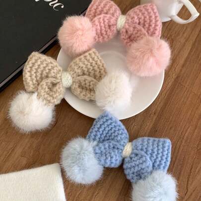 1件装时尚可爱毛绒蝴蝶结发夹配饰，女士适用