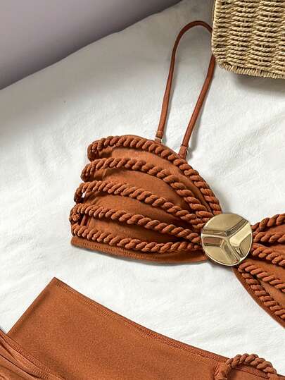 Solid Color Women's Braided Bikini Top With Tied String Skirt 3 Pieces Set For Summer Beach Vacation Swimwear – Stylish And Comfortable, Perfect For Sunbathing And Resort Wear