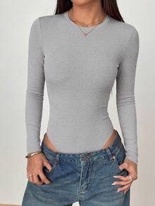 Women Spring Bodysuits For Long Sleeve Shirts Fitted Basic Ribbed Layering Bodys Tops Fall Fashion Winter Clothes Grey Vacation Rompers Outfits For Women - Grey - View 5