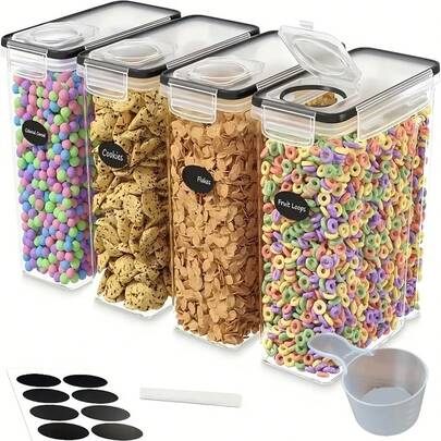 4 PCS Airtight Food Storage Containers Set, Kitchen And Pantry Organization Canisters With Lids For Cereal, Dry Food, Flour And Sugar, Includes  Labels.
