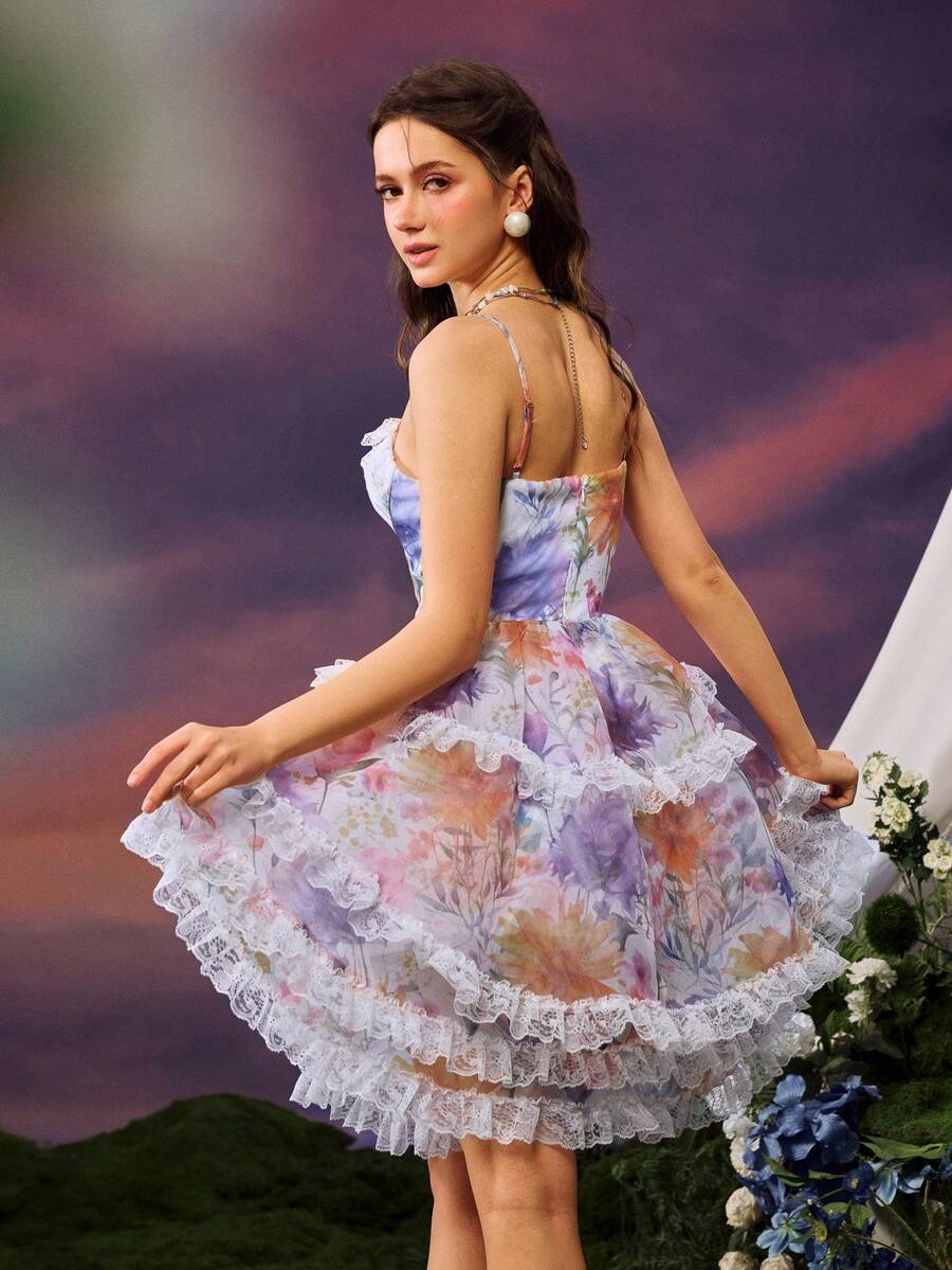 Faeriesty Vestido tubo de verano con estampado floral elegante y ribete de encaje - Multicolor - Ver 1