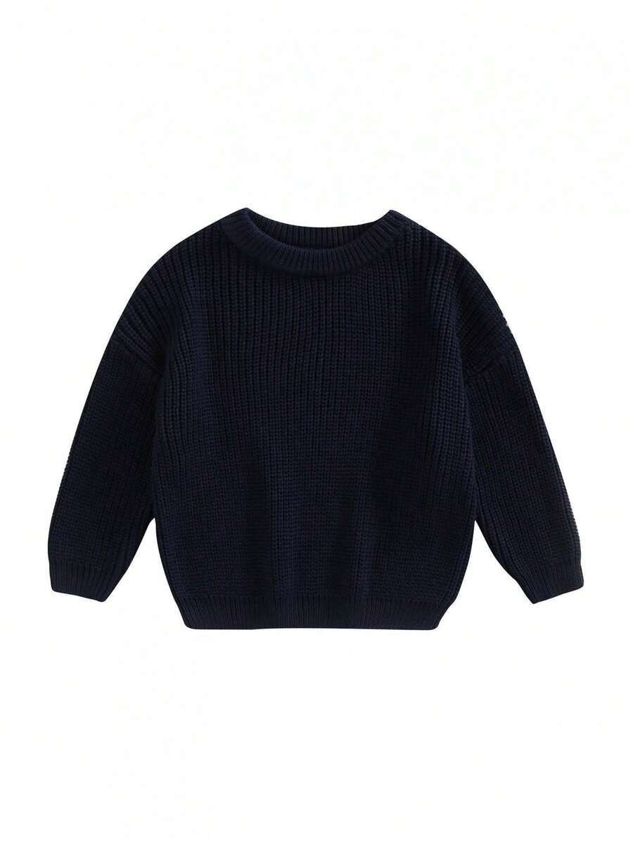Suéteres de cuello redondo para bebés pequeños, jerseys de punto sueltos de color sólido de manga larga - Azul Marino - Ver 1