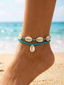 Set de 2 piezas Tobillera bohemia con concha y cuentas - Azul - Ver 1