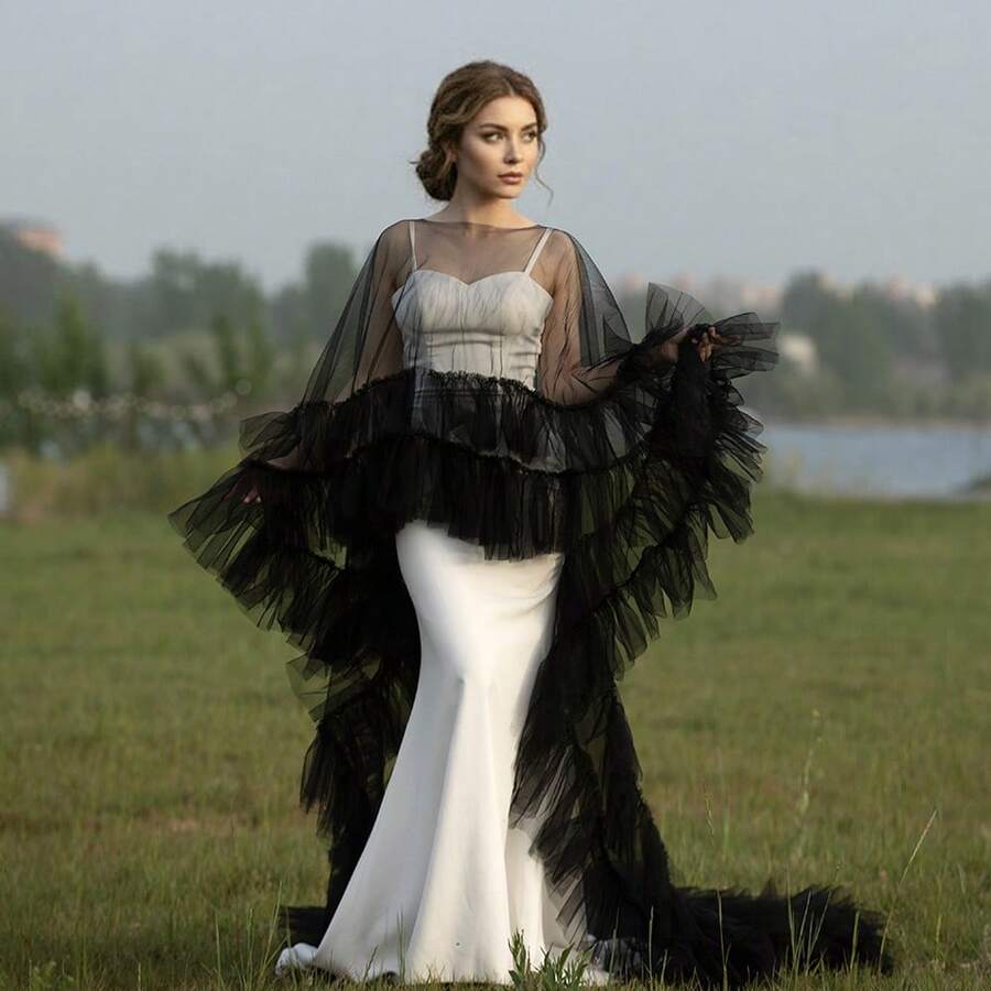 1 Set Bridal Tulle Cape Multilayer Ruffle Lace Shawl, Wrap With Ruched Hem For Wedding Photos, Hot Air Can Reduce Wrinkling Fall Clothes For Women