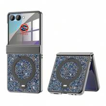 ALuoQ Luxury Rhinestone Electroplated Phone Case With Magnetic Spring Hinge Protection, Includes Anti-Peep Screen Protector, 360° Rotating Phone Stand, Supports Wireless Charging, Compatible With Samsung Z Flip 6 7 Full-Body Shockproof Protective Cover - Blue - View 12