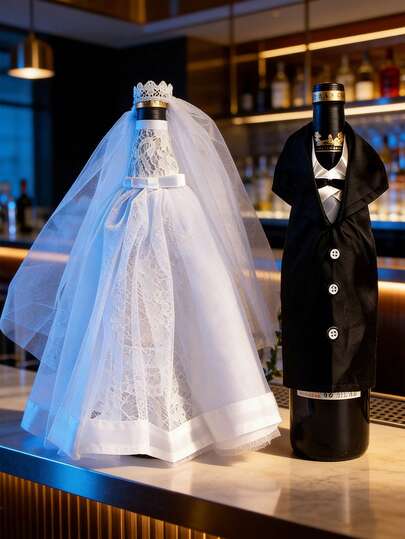 一套婚礼酒瓶套，新郎新娘礼服燕尾服图案，酒瓶装饰，适用于新娘送礼会、婚礼招待会、订婚派对、周年纪念装饰礼品、婚礼派对餐桌装饰