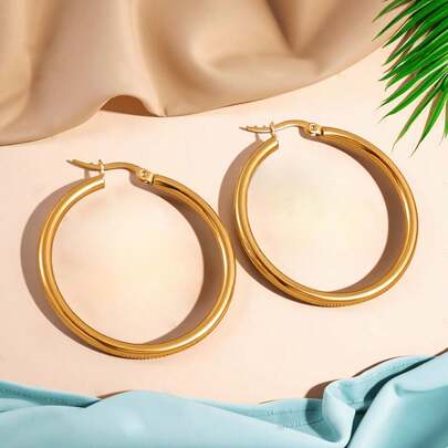 1 par de Pendientes de aro clásicos de acero inoxidable de 50mm, QYDCX Pendientes circulares de acero inoxidable minimalistas vintage, estilo clásico de 50mm, adecuados para uso diario y ocasiones de regalo, pendientes redondos dorados, ganchos para pendientes hipoalergénicos