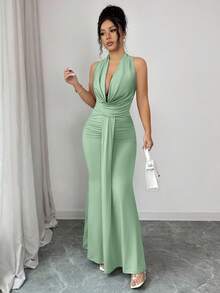 abyoxi 女士鼠尾草绿露背扭结前褶皱修身美人鱼长裙，春夏优雅派对长裙 - 豆綠色 - 查看 3