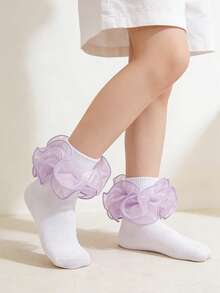 1 Pair Children/Toddler Solid Color Ruffle Trim Mid-Calf Socks, Versatile For School Uniform - Mauve Purple - View 6