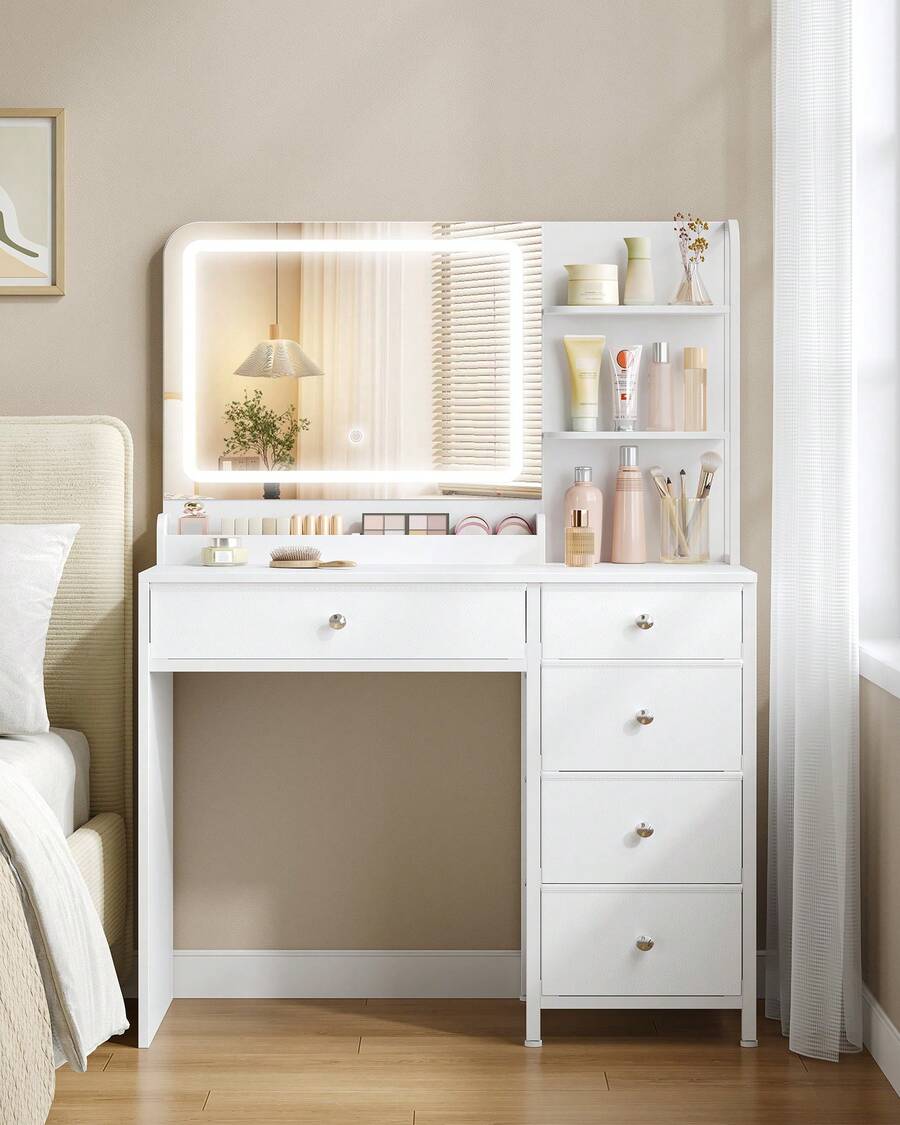 HEXCELEN Dressing Table With Mirror And LED Lighting, 3 Colors, Vanity Table With 5 Drawers And 2 Shelves, Bedroom Dressing Table, Modern Style, 40 X 90 X 135 Cm, White - trắng - Xem 1