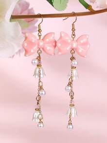 1件装 时尚甜美波点蝴蝶结铃兰仿珍珠流苏长耳环，女士日常、派对、度假配饰 - 彩色 - 查看 2