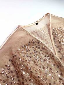 UNITHORSE Plus Size Women's Round Neck Batwing Sleeve Belted Long Luxury Beaded Lace Embroidered Robe Two Pieces Turkish Abaya Dress Spring - Champagne - View 7