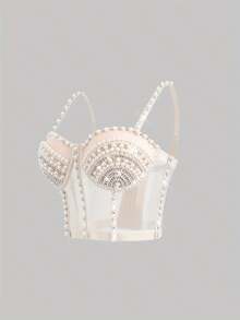Sexy Nightclub Party Handmade Pearl & Rhinestone Bustier Crop Top, Revealing Backless Spaghetti Strap Tank Top For Clubwear - Apricot - View 6