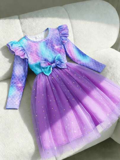 Young Girl Long Sleeve Fish Scale, Bow & Mesh Cute Dress