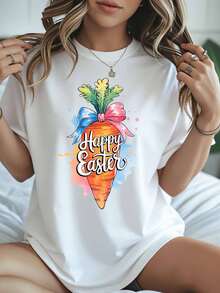 Women's Casual T-Shirt White Happy Easter Carrot With Bow Print Spring Festival Celebration Wear - 白色 - 查看 1